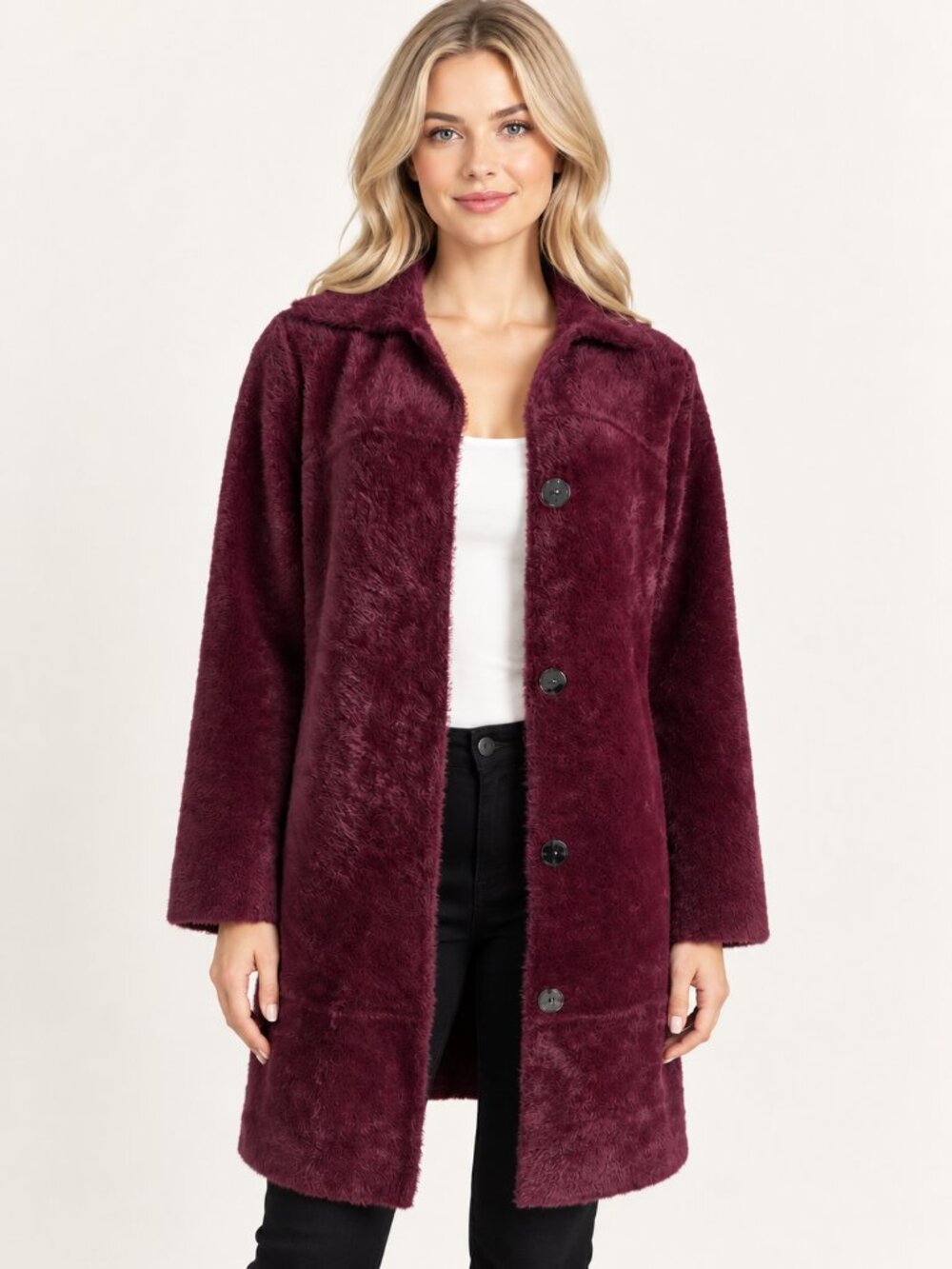 Cyrus Burgundy Wine Plush Faux Fur Long Coat Ultra Soft Classic Luxurious Size M